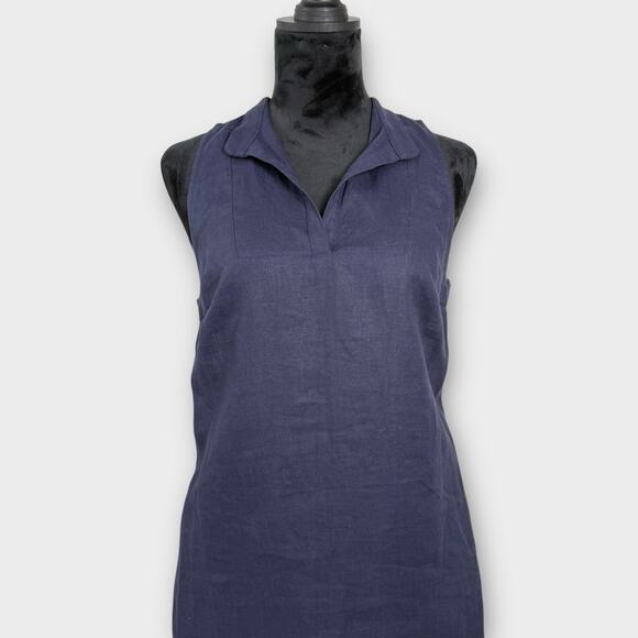 Nomia Linen Dress Size 10 Navy Blue Side Cut Outs Pockets Minimalist Made in USA - Picture 2 of 9